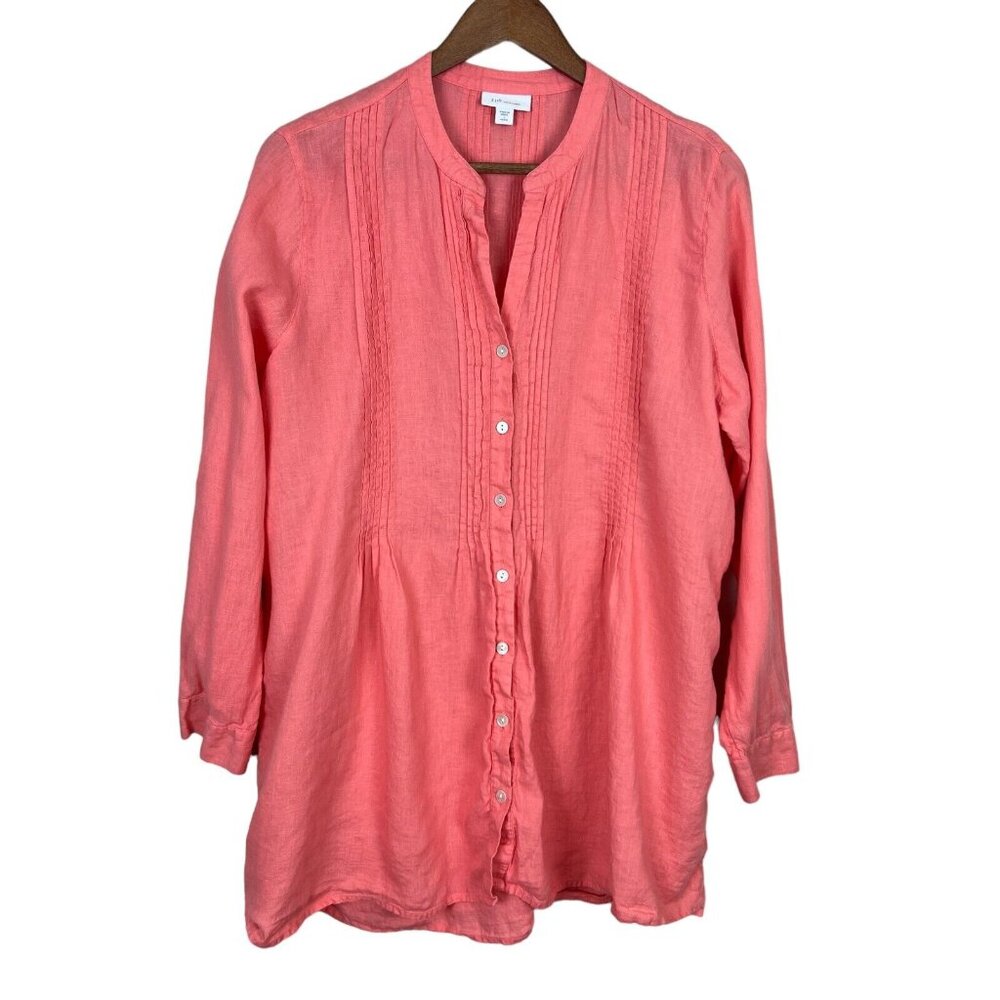 J Jill Love Linen Tunic‎ Top LP Petite Large Coral Lagenlook Button Up Shirt